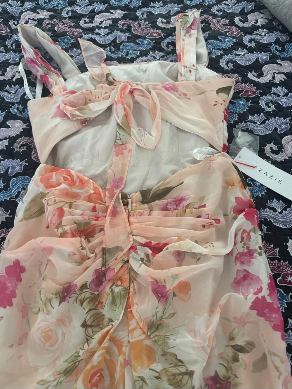 Azazie Abstract bouquet floral sheath bow chiffon Maxi dress
